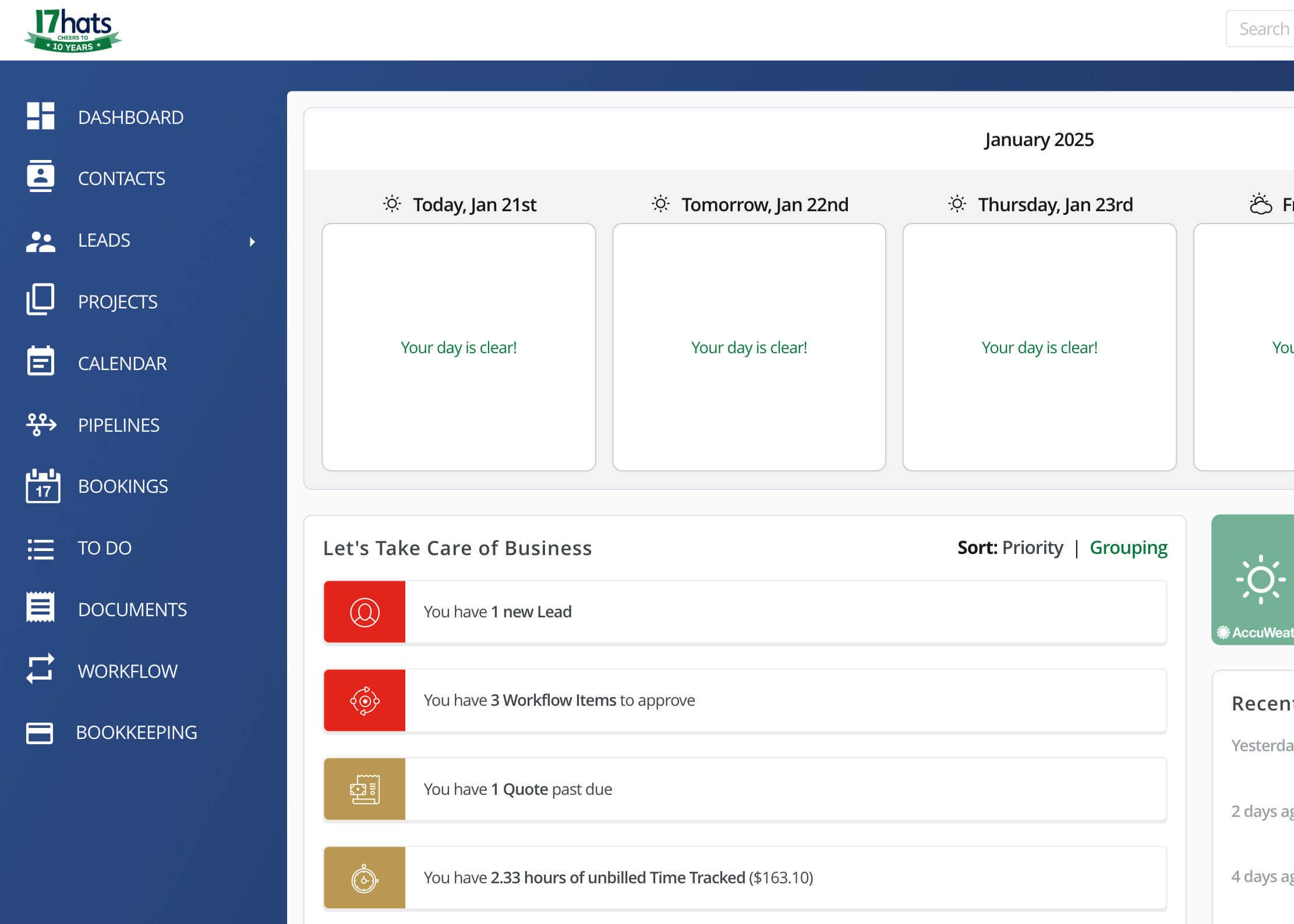 17hats CRM dashboard showing proposals, contracts, invoicing, scheduling, and bookkeeping for solo creatives