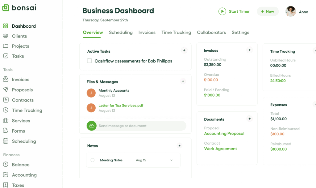 Bonsai freelancer platform showing proposals, contracts, invoicing, and time tracking in one dashboard