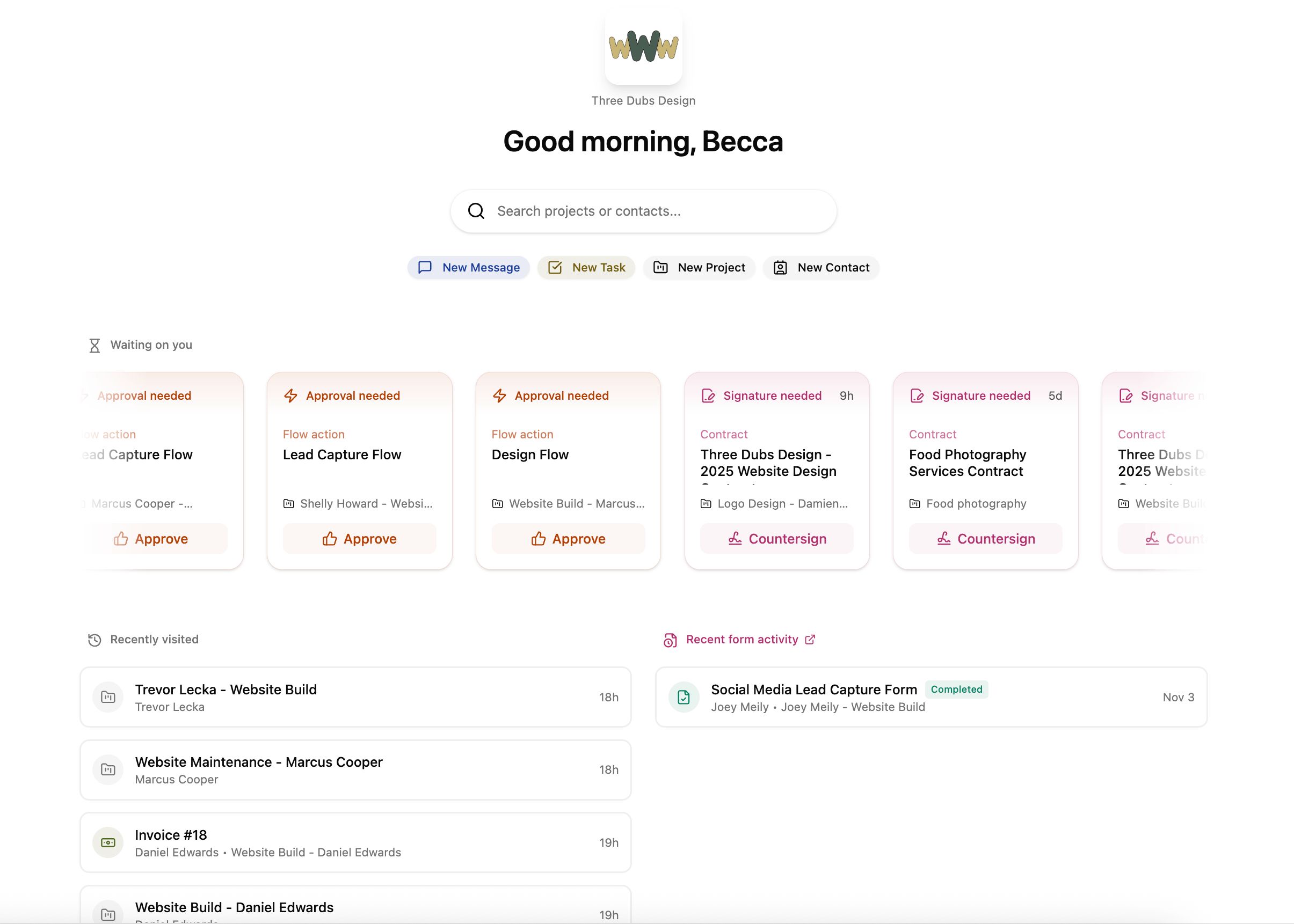 Dubsado CRM dashboard showing workflow automation, client management, and project tracking