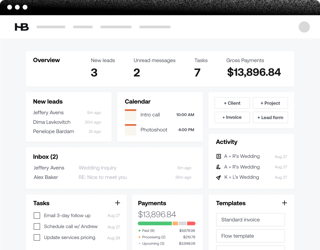 HoneyBook client management dashboard showing proposals, contracts, invoicing, and scheduling in one platform