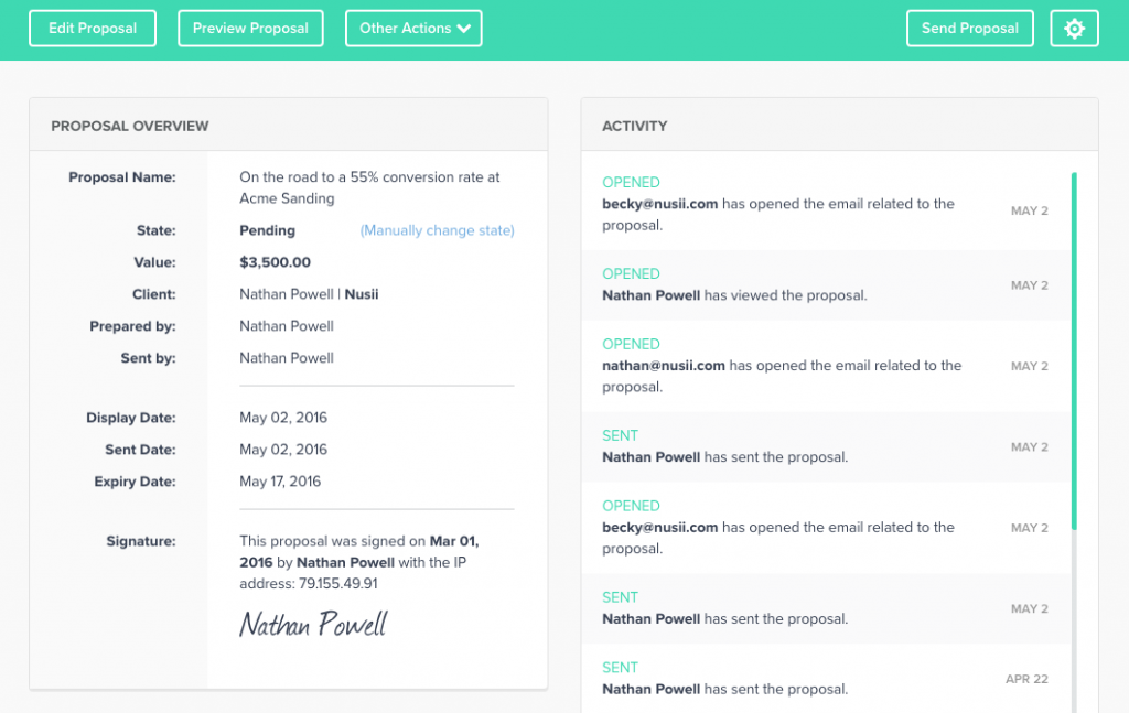 Nusii proposal software dashboard showing proposal creation, templates, and real-time notification tracking