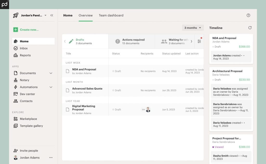 PandaDoc dashboard showing proposal editor and document management interface
