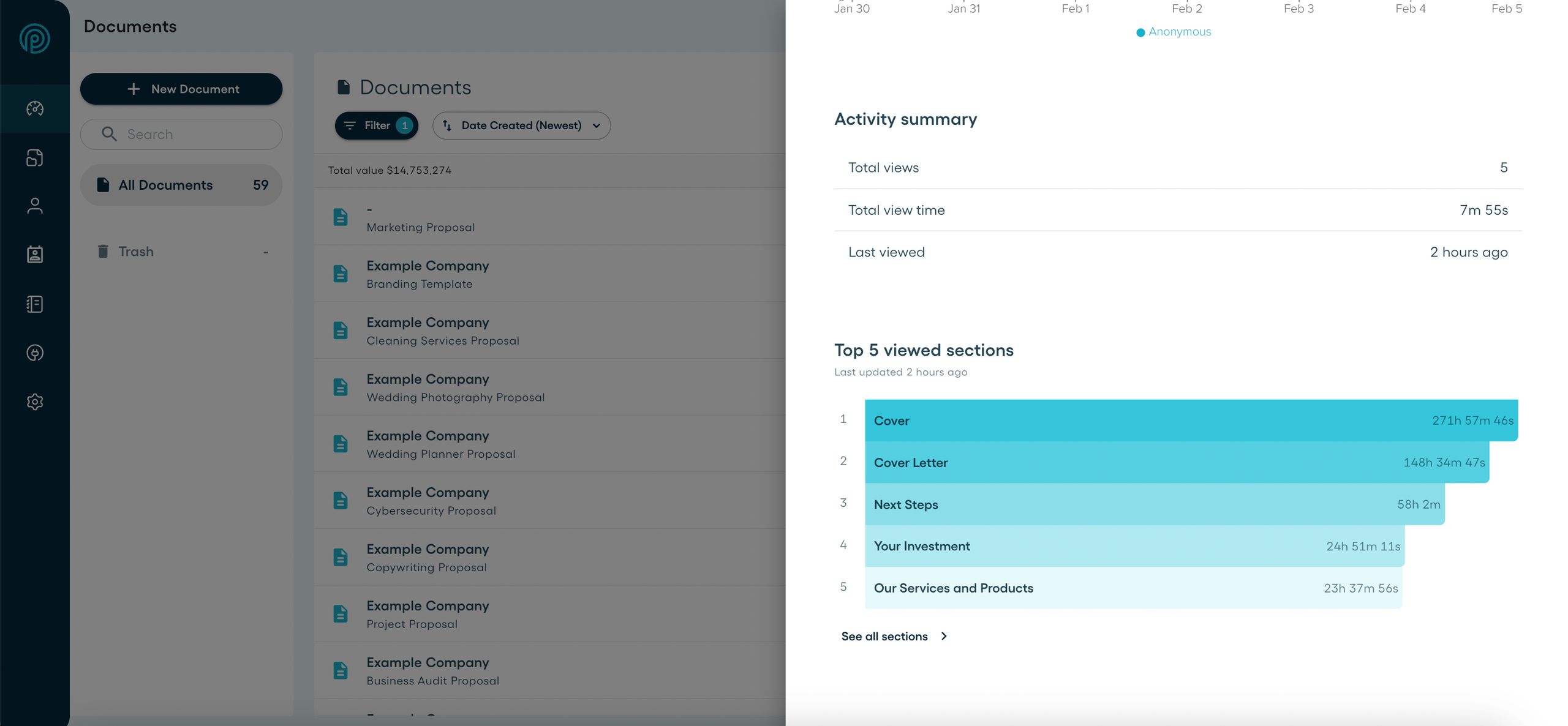 Proposify proposal dashboard showing team management, approval workflows, and analytics