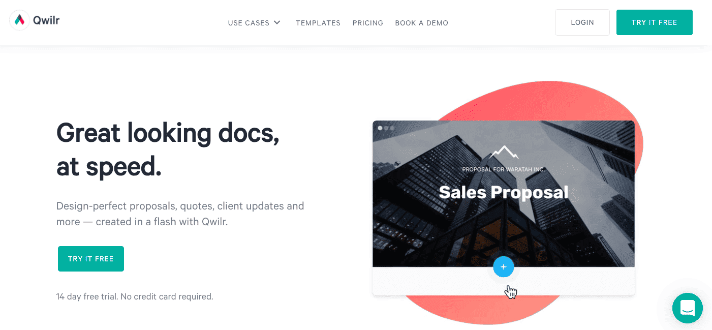 Qwilr web-based proposal interface showing interactive pricing tables and embedded media